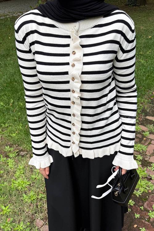 Lamelif Fırfırlı Çizgili Hırka Naturel