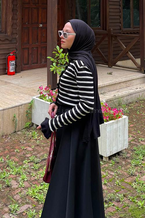 Lamelif Fırfırlı Çizgili Hırka Siyah