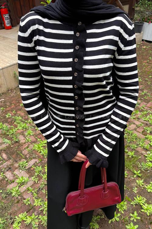 Lamelif Fırfırlı Çizgili Hırka Siyah