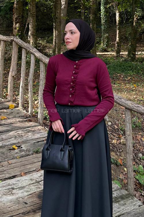 Lamelif Fırfırlı Hırka Bordo