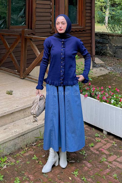 Lamelif Fırfırlı Hırka Lacivert