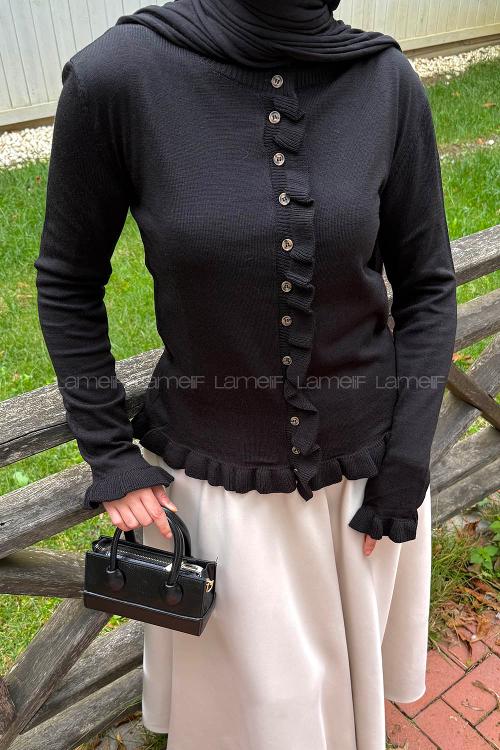 Lamelif Fırfırlı Hırka Siyah