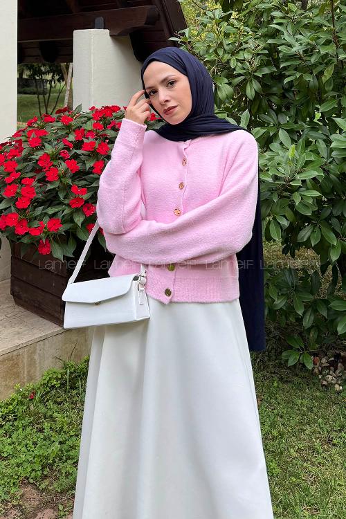 Lamelif Gold Düğme Detaylı Hırka Pembe