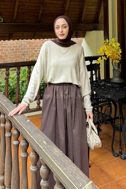 Lamelif Kayık Yaka Triko Kazak Bej