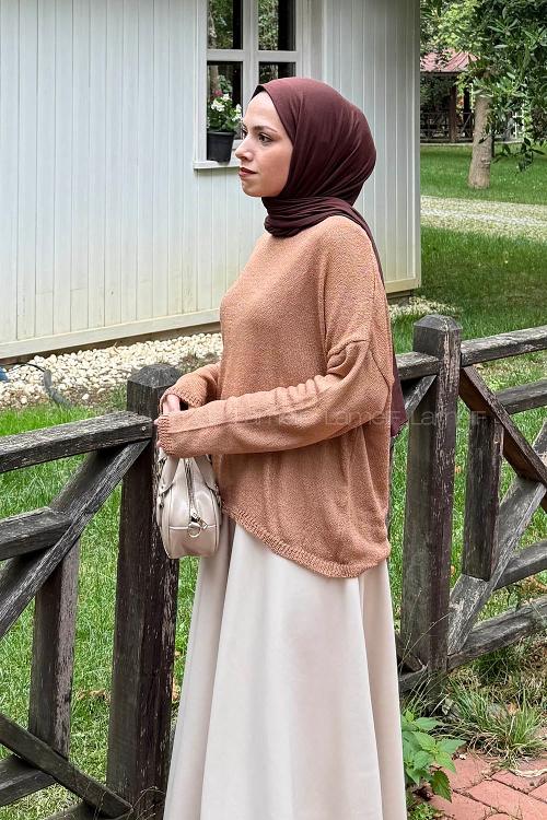 Lamelif Kayık Yaka Triko Kazak Camel