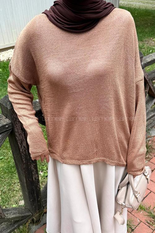 Lamelif Kayık Yaka Triko Kazak Camel