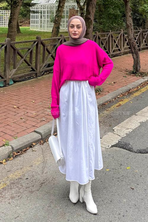 Lamelif Kayık Yaka Triko Kazak Fuşya