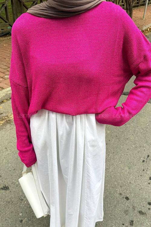 Lamelif Kayık Yaka Triko Kazak Fuşya