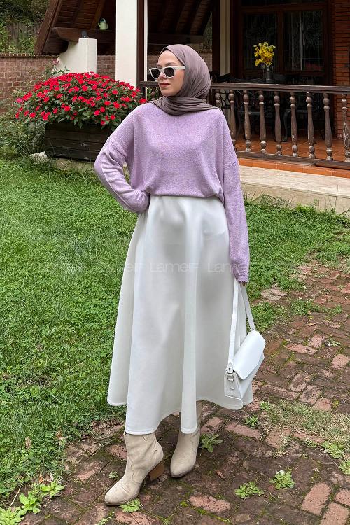 Lamelif Kayık Yaka Triko Kazak Lila