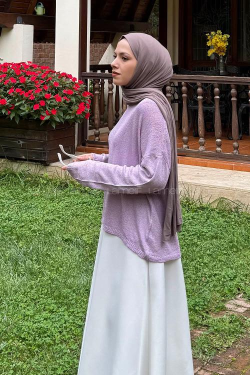 Lamelif Kayık Yaka Triko Kazak Lila