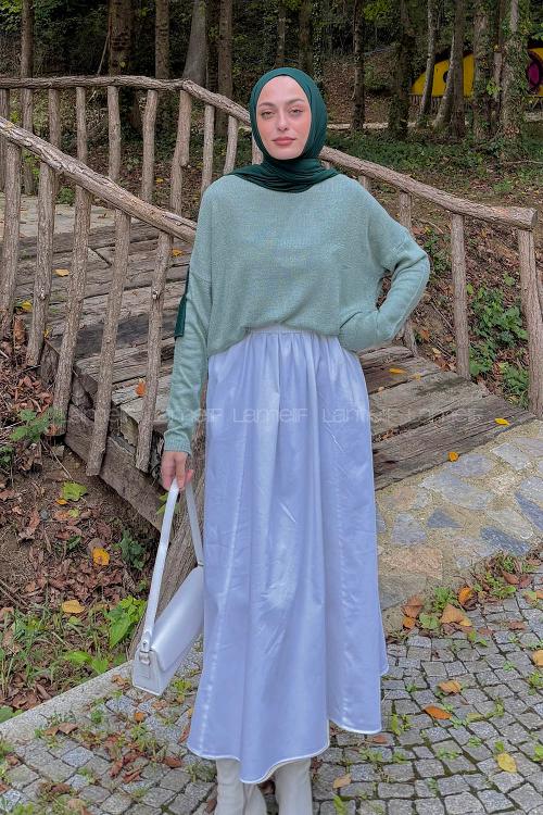 Lamelif Kayık Yaka Triko Kazak Mint Yeşili