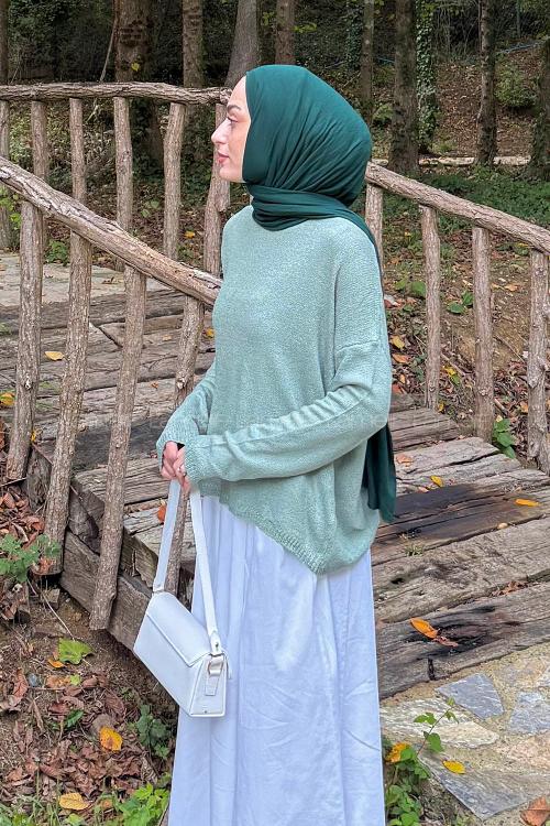 Lamelif Kayık Yaka Triko Kazak Mint Yeşili