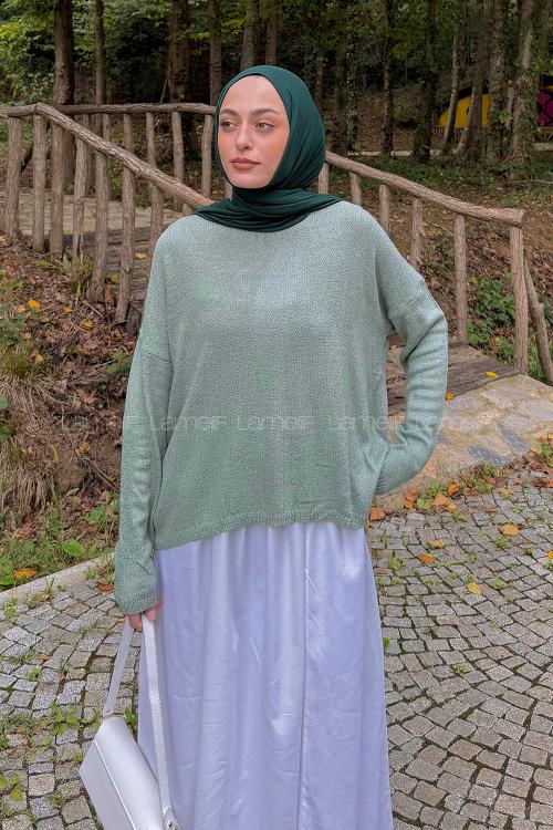 Lamelif Kayık Yaka Triko Kazak Mint Yeşili