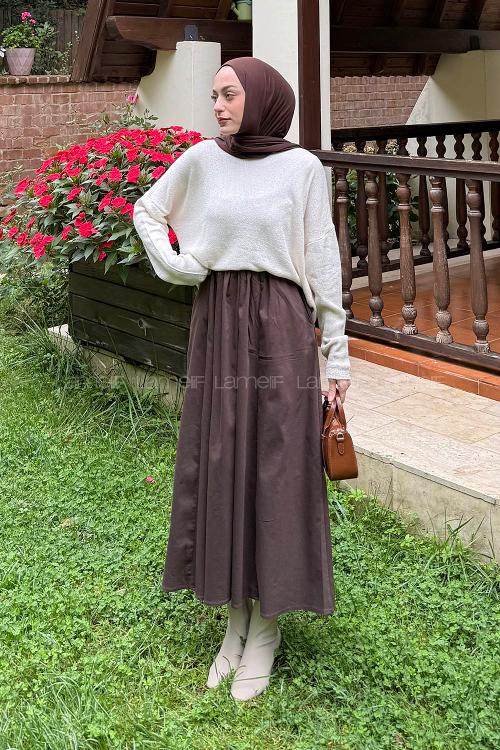 Lamelif Kayık Yaka Triko Kazak Natural