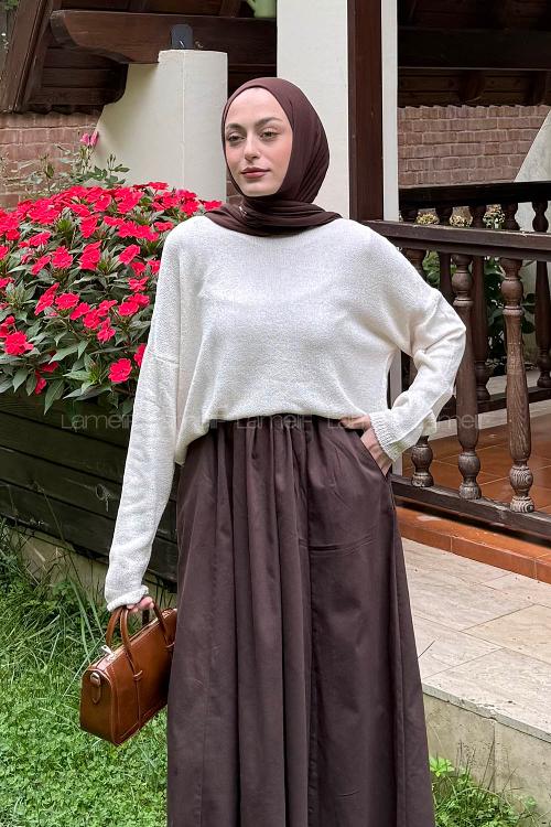 Lamelif Kayık Yaka Triko Kazak Natural