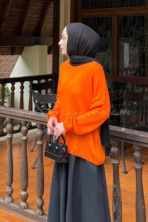 Lamelif Kayık Yaka Triko Kazak Oranj