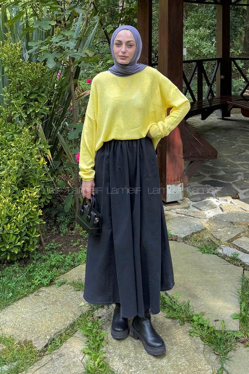 Lamelif Kayık Yaka Triko Kazak Sarı