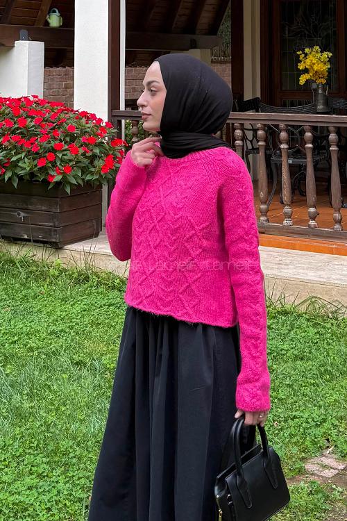 Lamelif Örgülü Kazak Fuşya