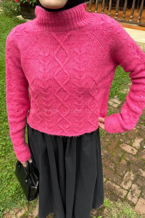 Lamelif Örgülü Kazak Fuşya