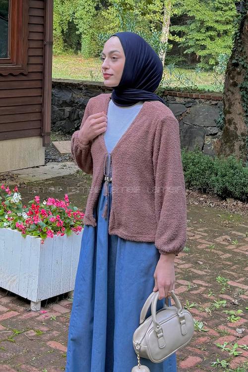 Lamelif Püsküllü Hırka Kahverengi