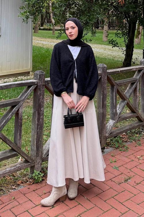 Lamelif Püsküllü Hırka Siyah