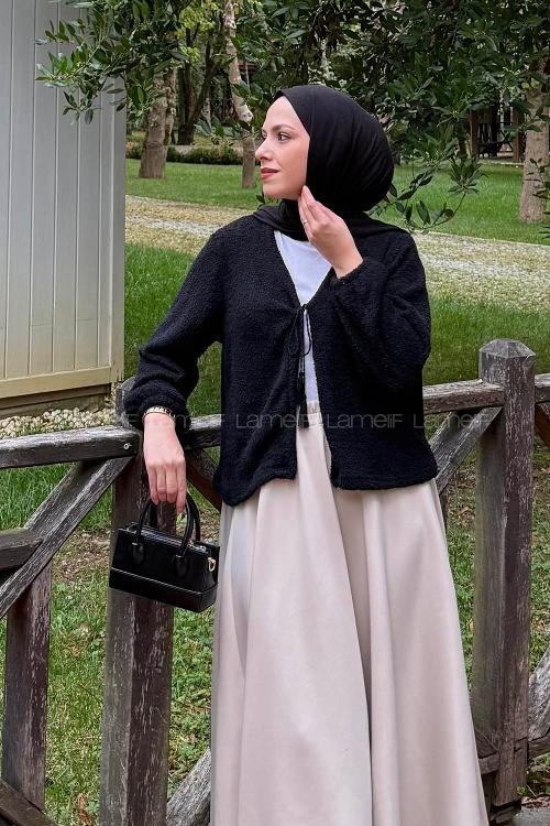 Lamelif Püsküllü Hırka Siyah