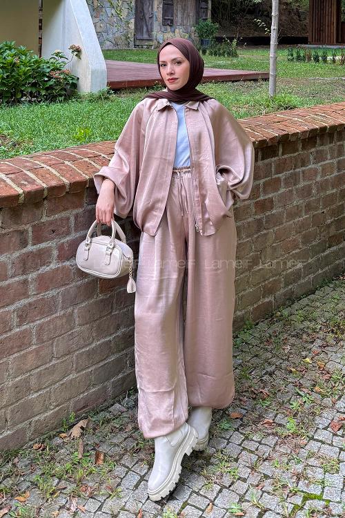 Lamelif Saten Pantolonlu Takım Bej