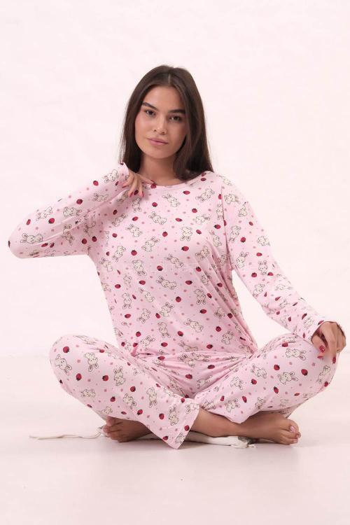 Lamelif  Tavşan Desenli Pijama Takımı Pembe