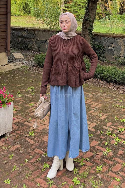 Lamelif Triko Peplum Hırka Acı Kahve