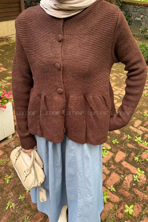 Lamelif Triko Peplum Hırka Acı Kahve
