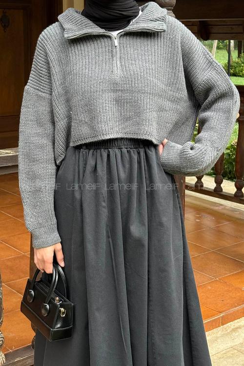 Lamelif Yaka Fermuarlı Crop Triko Kazak Antrasit