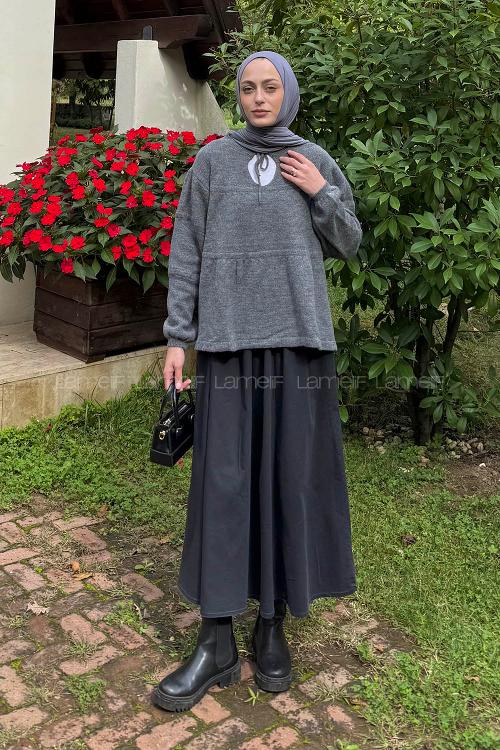 Lamelif Yakası Bağcıklı Triko Kazak Antrasit