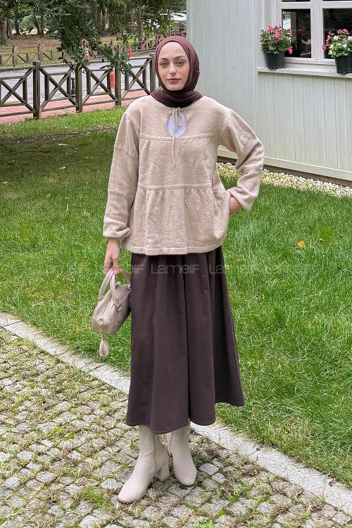 Lamelif Yakası Bağcıklı Triko Kazak Bej