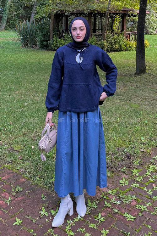 Lamelif Yakası Bağcıklı Triko Kazak Lacivert