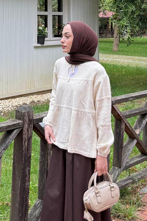 Lamelif Yakası Bağcıklı Triko Kazak Natural