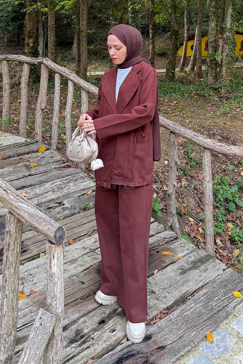 Lamelif Yan Bağlama Detaylı Pantolonlu Takım Kahverengi