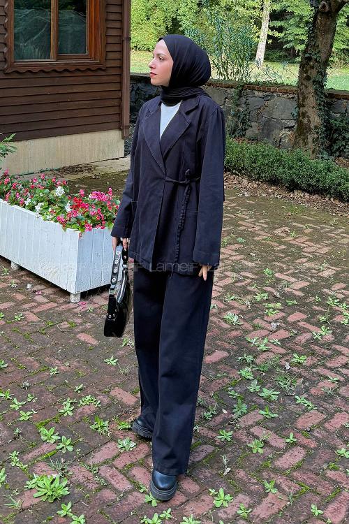 Lamelif Yan Bağlama Detaylı Pantolonlu Takım Siyah