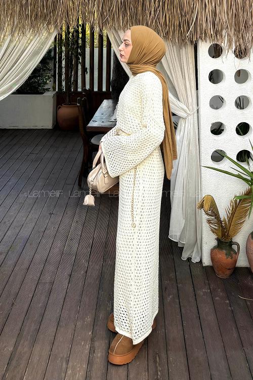 Lamelif Ajurlu Tesettür Elbise Ekru