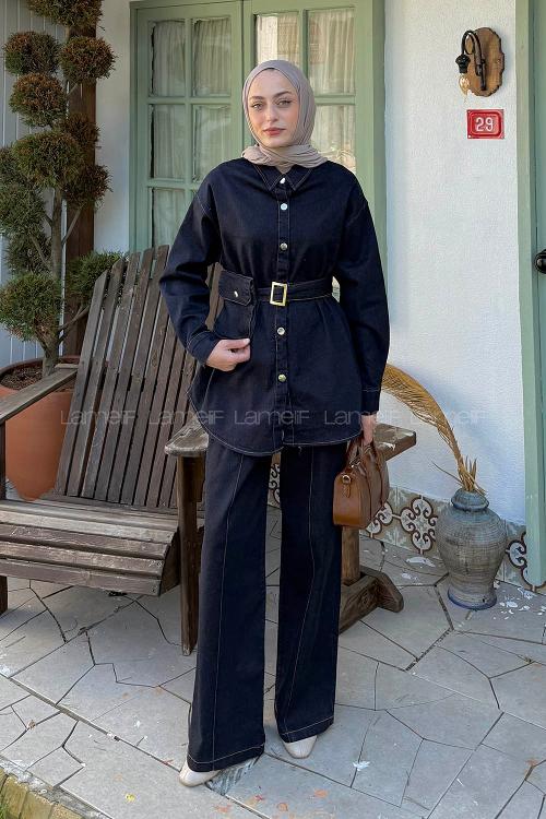 Lamelif Çanta Aksesuarlı İkili Takım Koyu Mavi