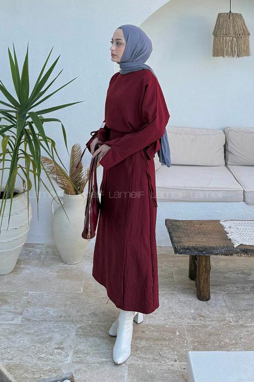 Lamelif Eteği Bağlama Detaylı Takım Bordo