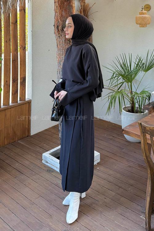 Black Crew Neck Long Arm Viscose Fabric Flared Skirt Suit