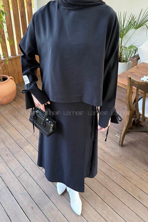 Black Crew Neck Long Arm Viscose Fabric Flared Skirt Suit