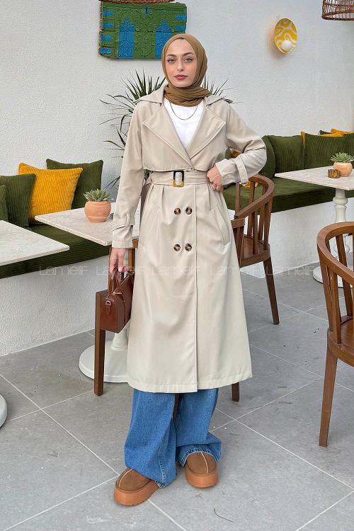 Lamelif Kuşaklı Omuz Apoletli Trençkot Taş Rengi