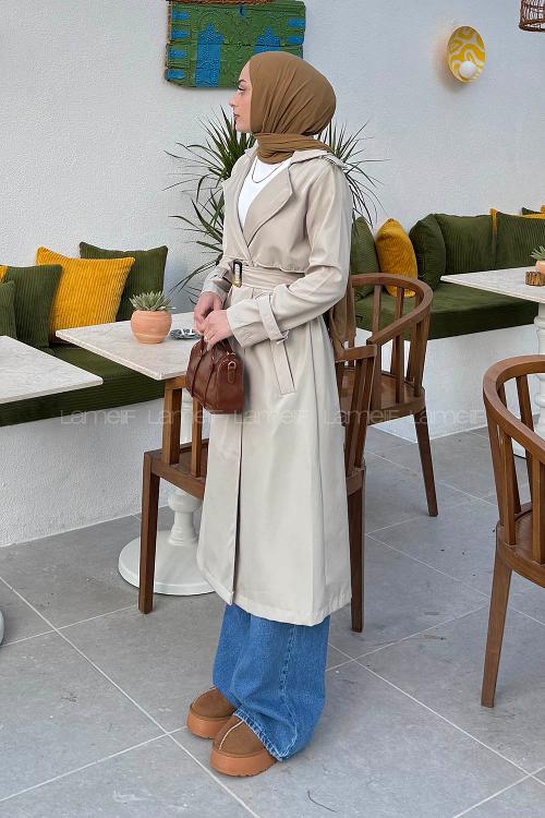 Lamelif Kuşaklı Omuz Apoletli Trençkot Taş Rengi