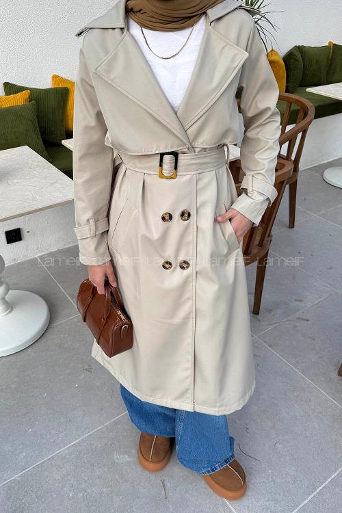 Lamelif Kuşaklı Omuz Apoletli Trençkot Taş Rengi