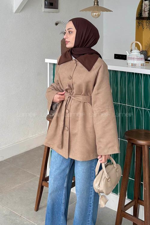 Lamelif Yaka Garnili Trenç Vizonrengi