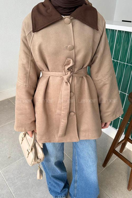 Lamelif Yaka Garnili Trenç Vizonrengi