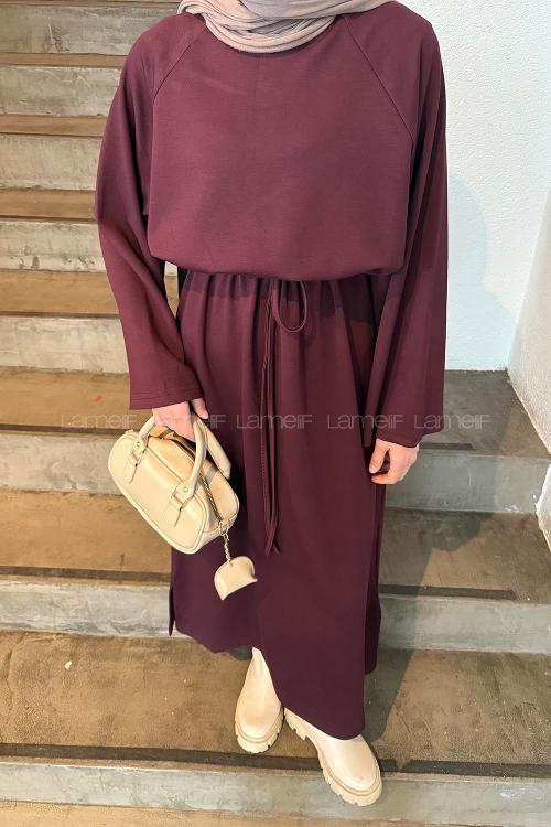 Lamelif Bağlama Detaylı Elbise Bordo