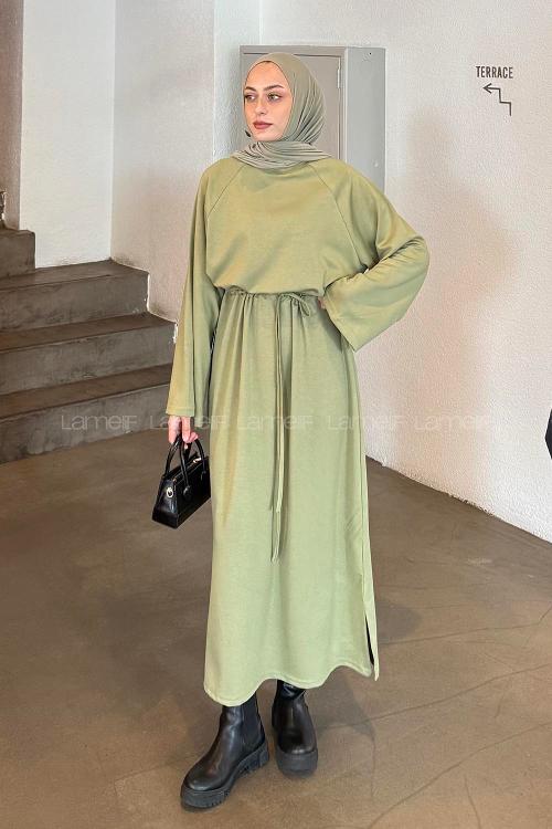 Plum Green Crew Neck Cotton Elastan Dresess