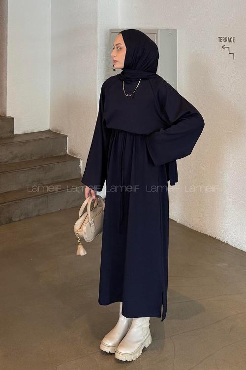 Navy Blue Crew Neck Cotton Elastan Dresess